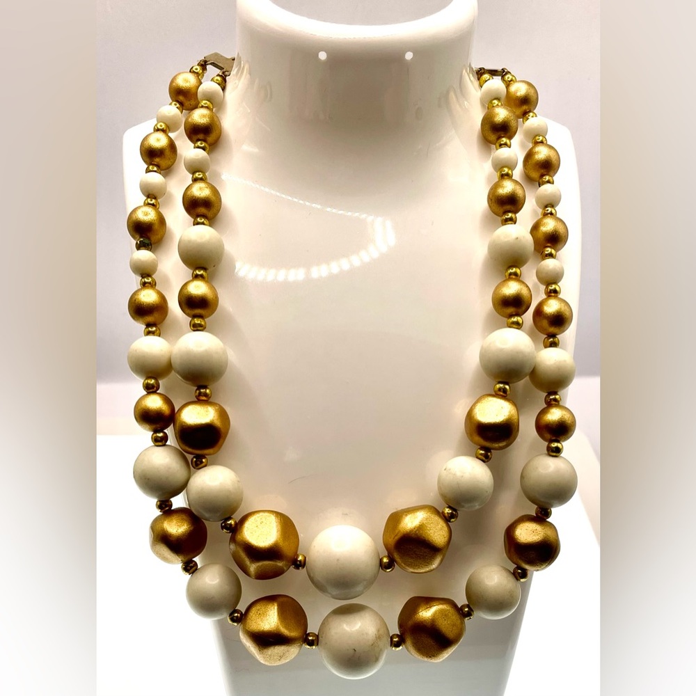Vintage Double Strand White and Gold Tone Acrylic Beaded Necklace Choker